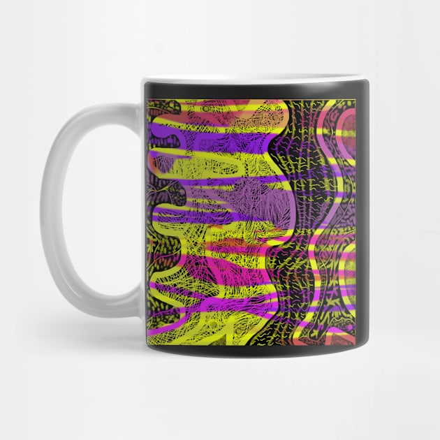 Jungle Fever. An abstract design with a tribal feel. Swirls, lines and patterns in hot pink, purple and yellow on a black background. by innerspectrum